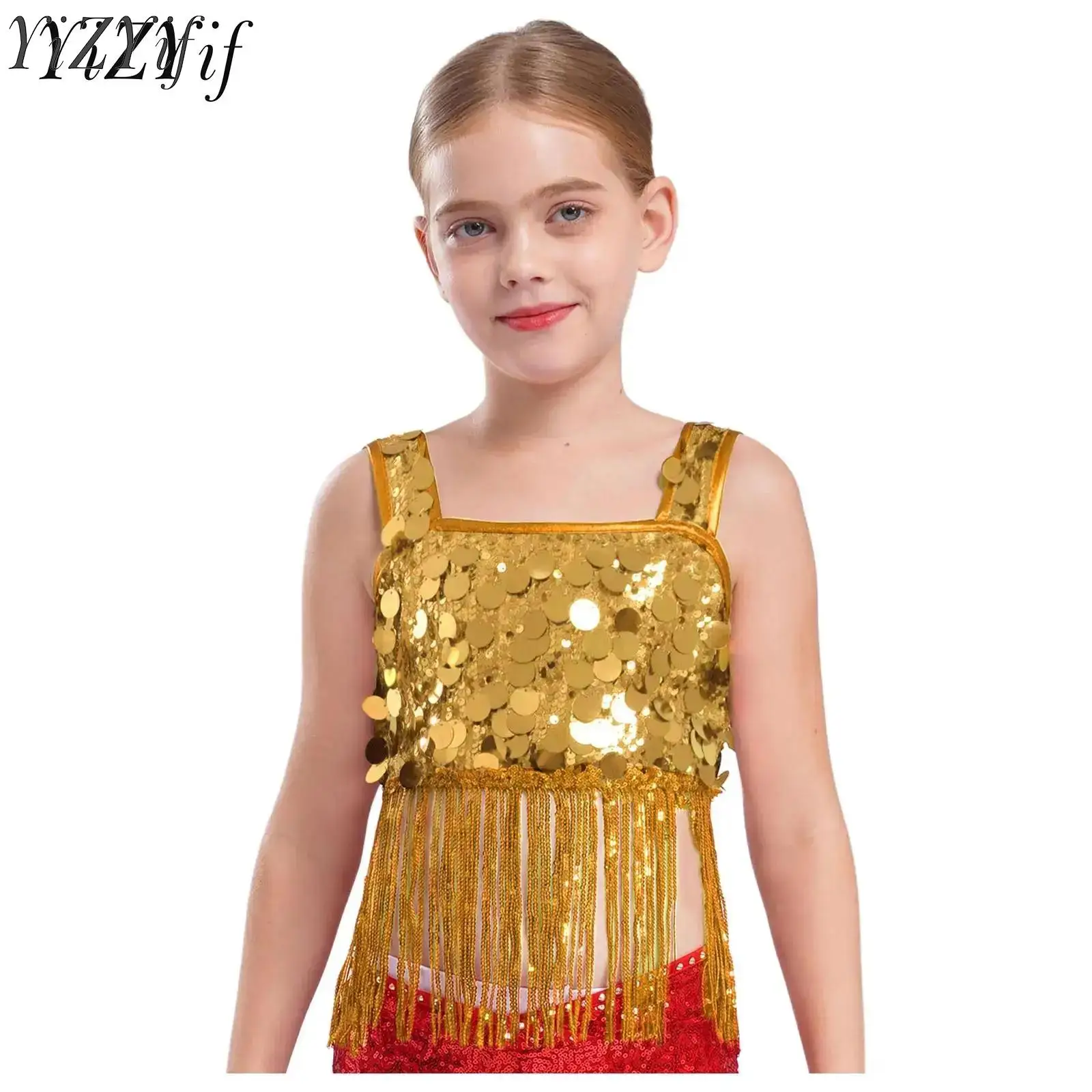 

Kids Girls Latin Jazz Dance Tops Wide Shoulder Straps Shiny Sequin Tassels Crop Top for Clubwear Party Performance Competition