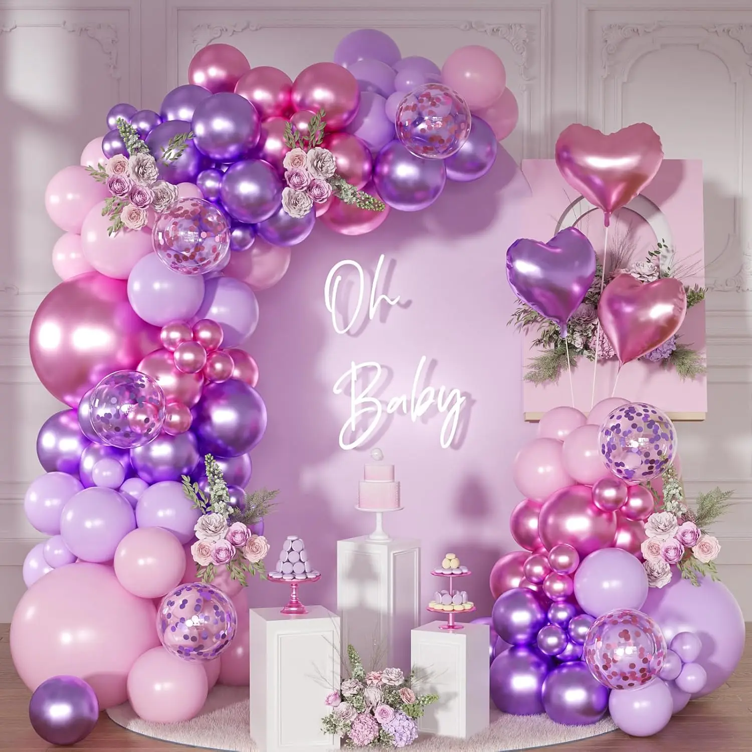 Rosa Lila Ballongirlande Bogen-Set mit Herz-Folienballon für Frauen Geburtstag Brautparty Babyparty Hochzeit Party Deko Zubehör