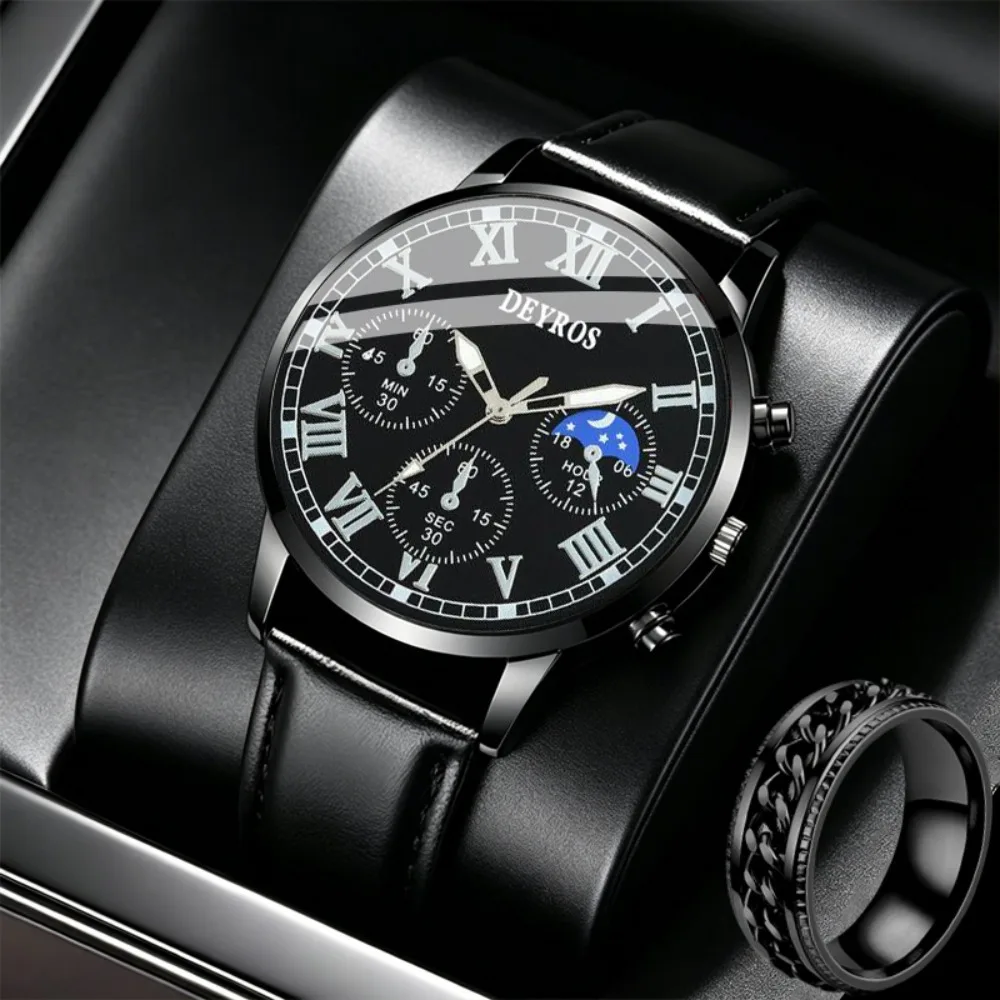2Pcs Fashion Men Watch & Ring Set, PU Leather Quartz Wristwatch Perfect Gift for Father Brother Friend