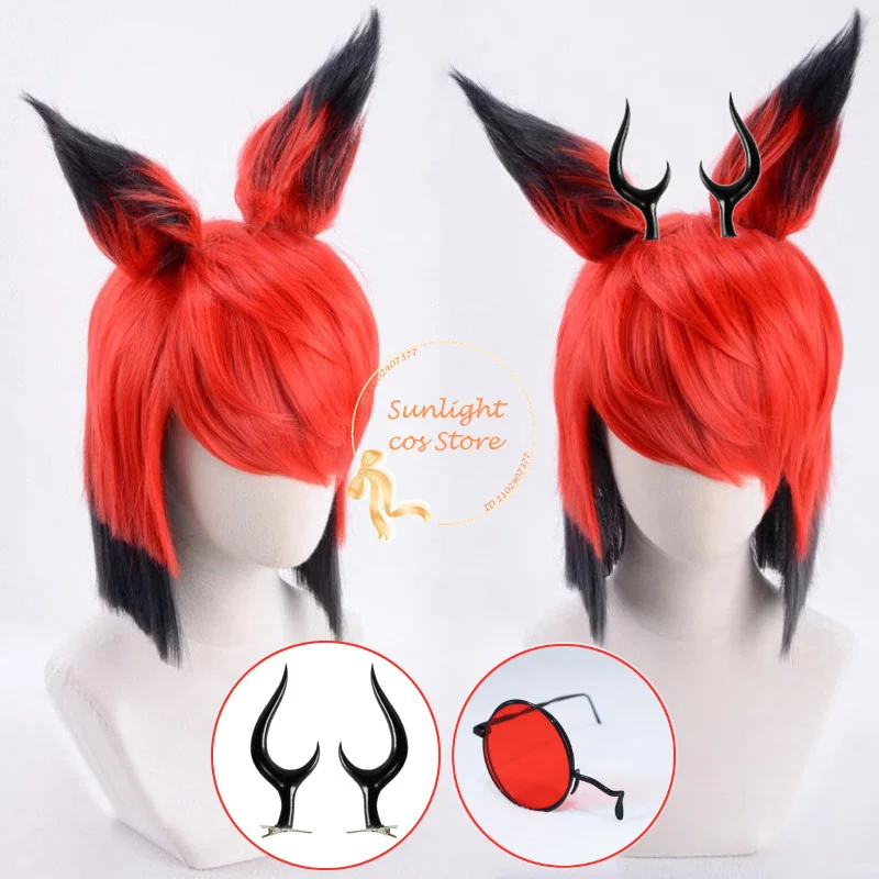 

Anime Alastor Cosplay Wig Red Black Short Wig With Ears Heat Resistant Synthetic Hair Halloween Hotel Alastor Wigs + Wig Cap