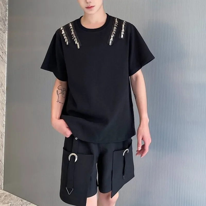 HKSH Metal Zipper Shoulder Pad Short Sleeve Men Tide Punk Summer New Vintage Dark Niche Design Tees Tech Stylish T-shirts HK4725