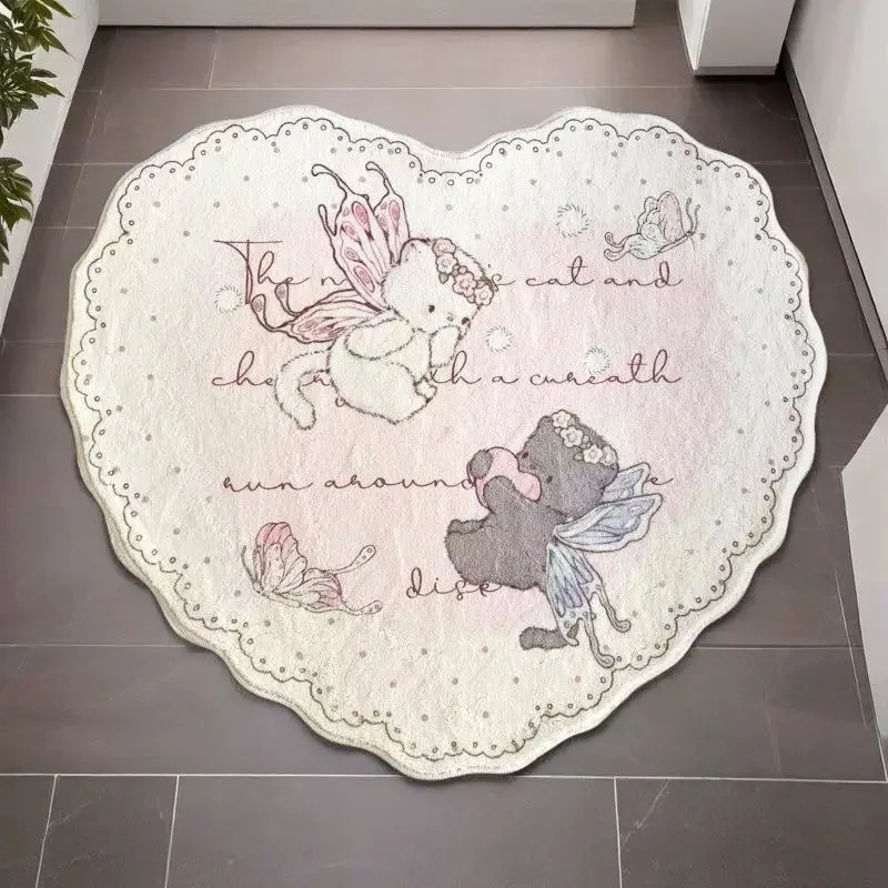 VIKAMA Girls' Carpet Bedside Rug Bedroom Heart-Shaped Cute Bedside Mat Bedroom Faux Cashmere Pad Durable and Machine Washable
