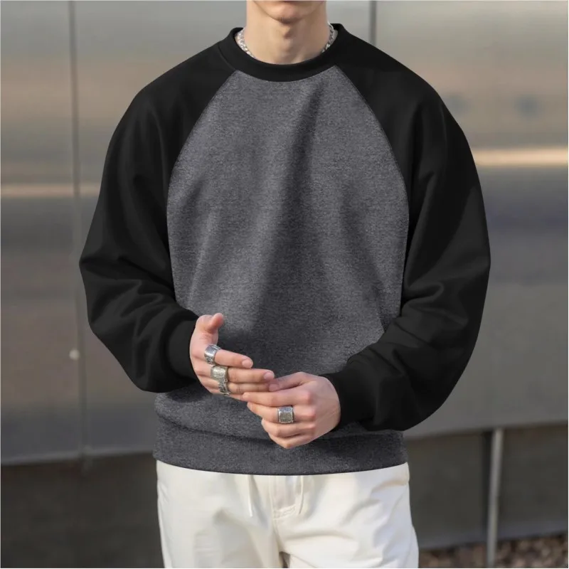 Autumn-Winter New American Retro Long Sleeve O-neck Contrast Splicing Sweatshirt Warm Outdoor Men's Fashion Casual Sport Tops