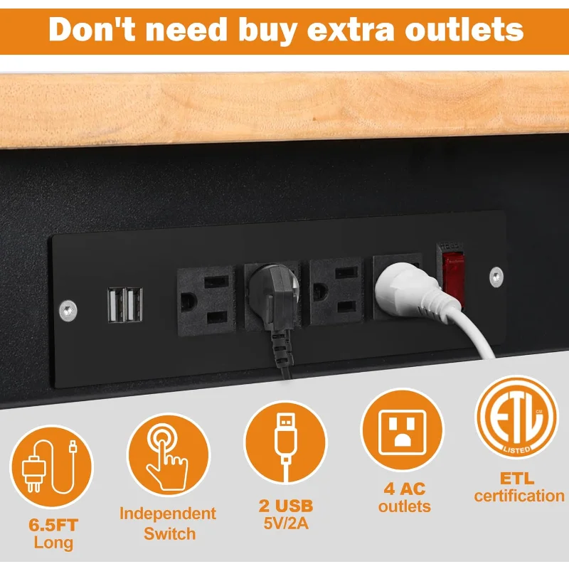 Adjustable Height Workbench, 60" Rubber Wood Top Heavy Duty Workstation with Power Outlets, 2000 LBS Load Capacity Hardwood