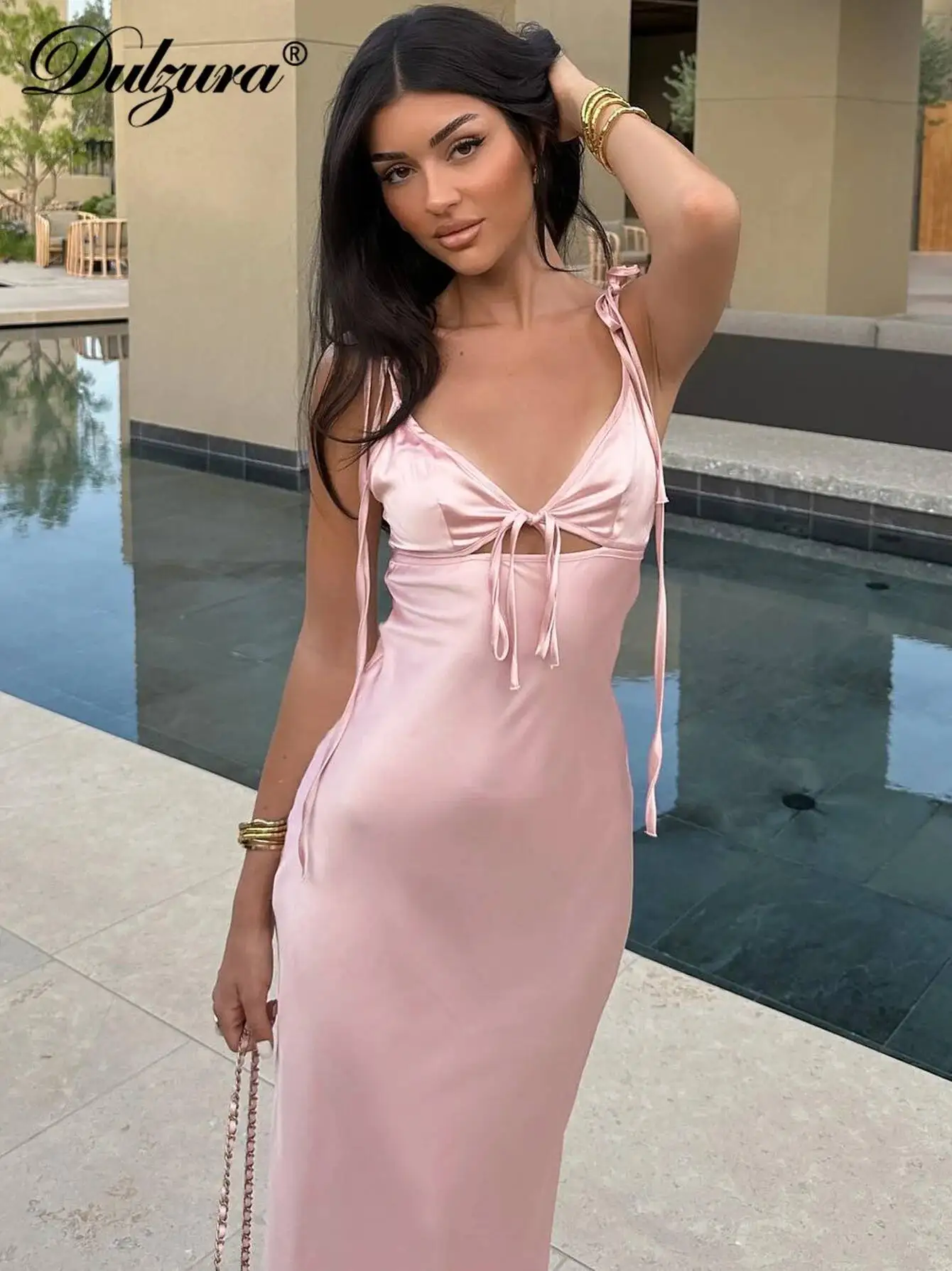 فستان دولزورا بدون ظهر بأربطة وأشرطة سباغيتي مقصوصة فستان ميدي للنساء لقضاء العطلات والحفلات المسائية ملابس Y2K شحن سريع