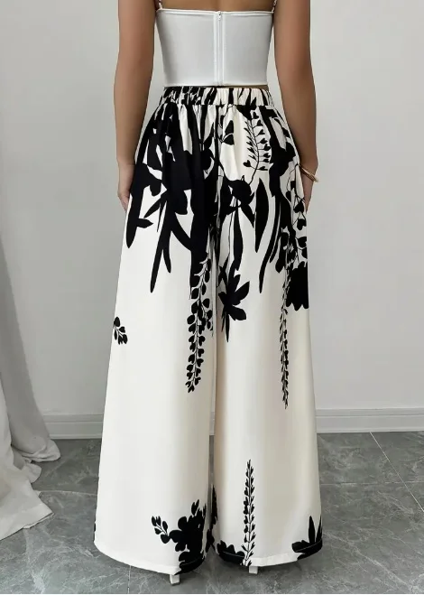Women Black Ink Floral Print Wide Leg Pants Elastic High Waist Silky Satin Palazzo Trousers Summer Vacation Casual Loose Long Pants Beach Bottoms Vestidos