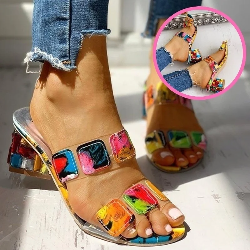 2023 Sandals for Women Square Heels Summer Sandals Peep Toe Ladies Multi Colors Heeled Shoes Female Sandalias Outdoor Slippers