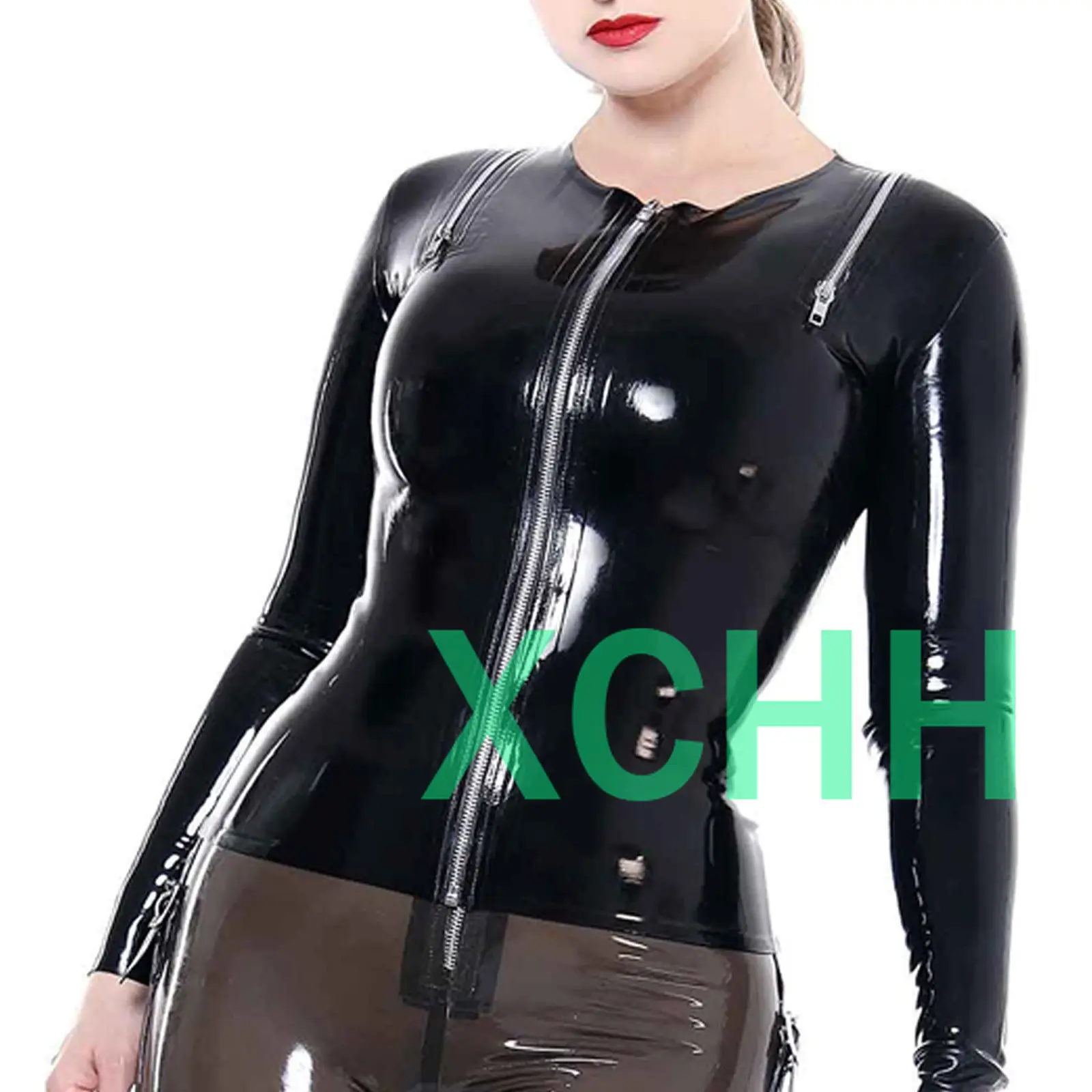 

Sexy Natural Latex Top Latex Rubber Black Top with Front Zipper Rubber Fashion Halloween Cosplay Costumes Custom Made