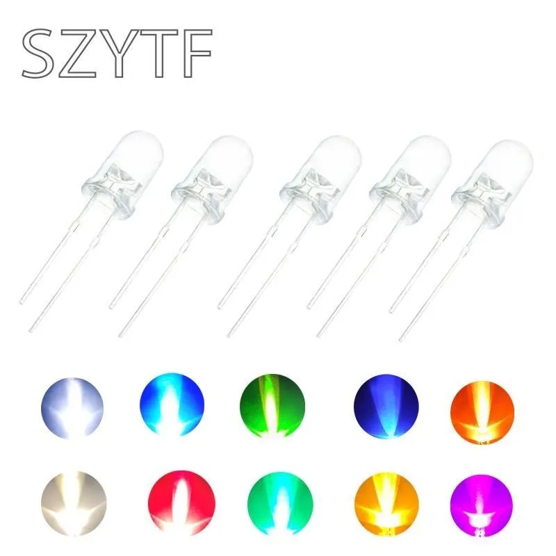 100PCS 3mm LED Diode Kit 3 mm Light Emitting Warm White Green Red Blue Yellow Orange Purple UV Pink LED DIY