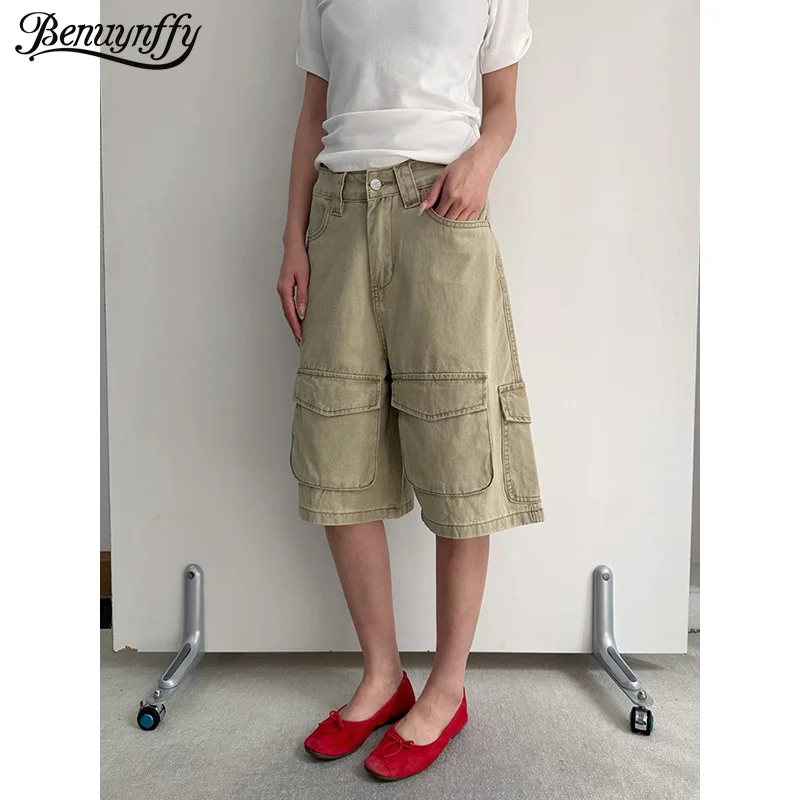 

Benuynffy Y2k Low Waist Cargo Denim Shorts Women 2026 Summer New American Retro Multi-pocket Casual Loose Wide Leg Half Pants