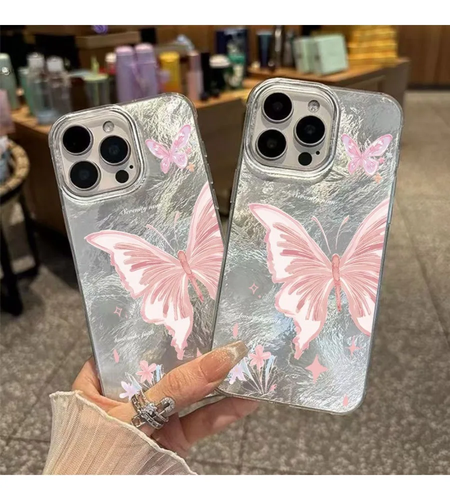 Aesthetic Silver Foil Pink Butterfly Clear Phone Case For iPhone 13 14 15 16 17 Pro Max Slim Soft Shockproof Cover