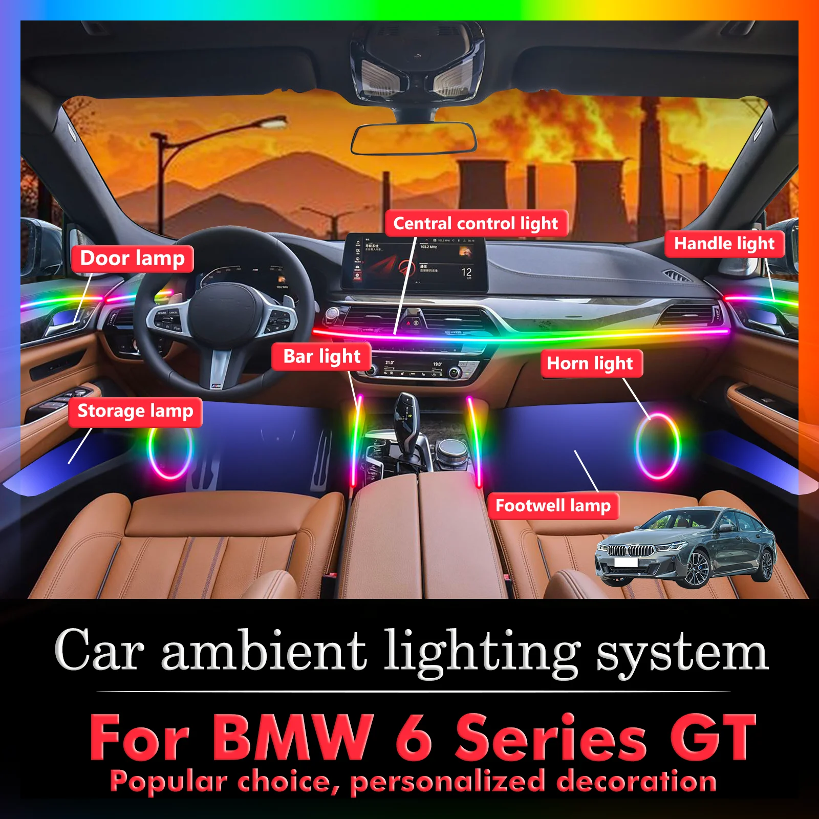 

For BMW 6 Series GT Car Interior Ambient Light RGB 64-Color LED Smart Remote Control Energy Saving Lamp Kit