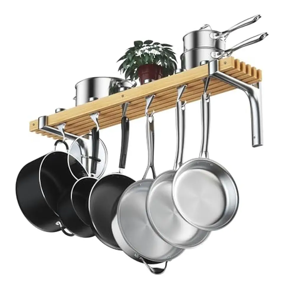 Wooden Pot Rack Organizer 36-Inch Wall Mount Shelf with Rotatable Hooks Kitchen Storage