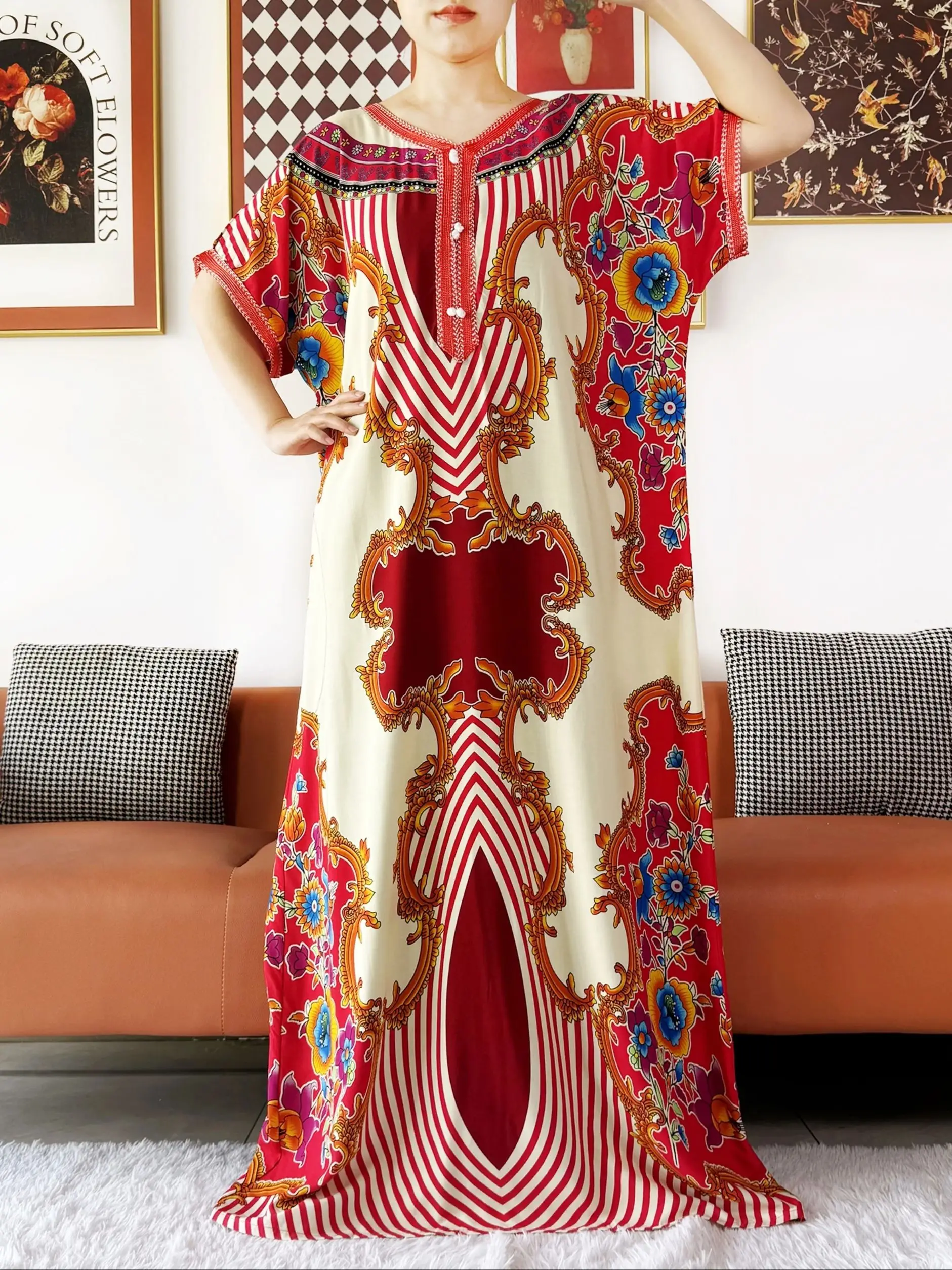 2025 African Women Dress Loose Boubou Maxi Dress Cotton Lace Floral Boubou Islamic Abaya Short Sleeve  Long Gown for Women