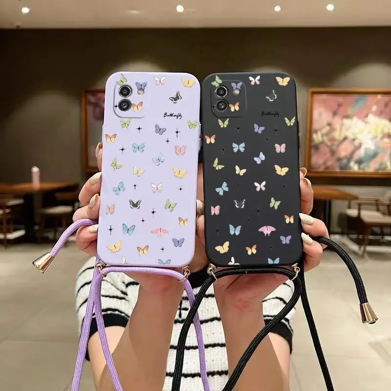 A 03 Mini Butterfly Lanyard Silicone Phone Case For Samsung A03 A04 A05 A21S A24 A04E A15 A13 A03S A02 A23 A05S A04S A22 Cover