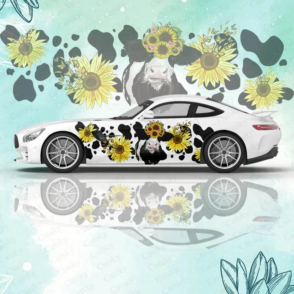 

Sunflowers Cute Cow Car Vinyl Wraps Decal Self-adhesive PVC Sticker Suitable for Trucks SUV Decoration Auto Accessories Gift