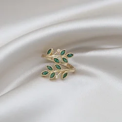 Korea New Fashion Jewelry Exquisite Green Zircon Wheat Ear Leaf Rings Elegant Women's Open Party Rings
