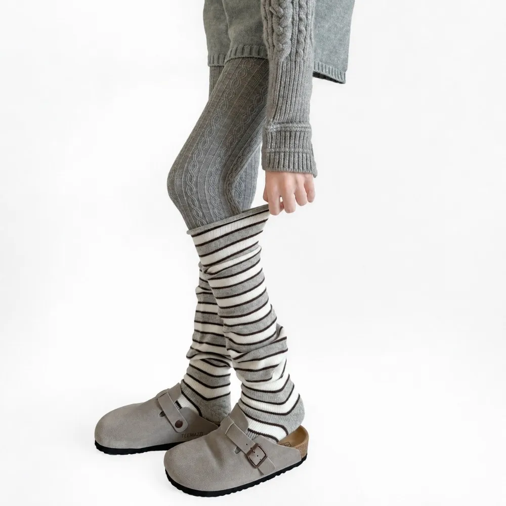 1 Pair Casual Knee High Knee High Leg Warmers Knitted Thigh High Knitted Foot Covers Warm Striped Multicolor Stockings for Women