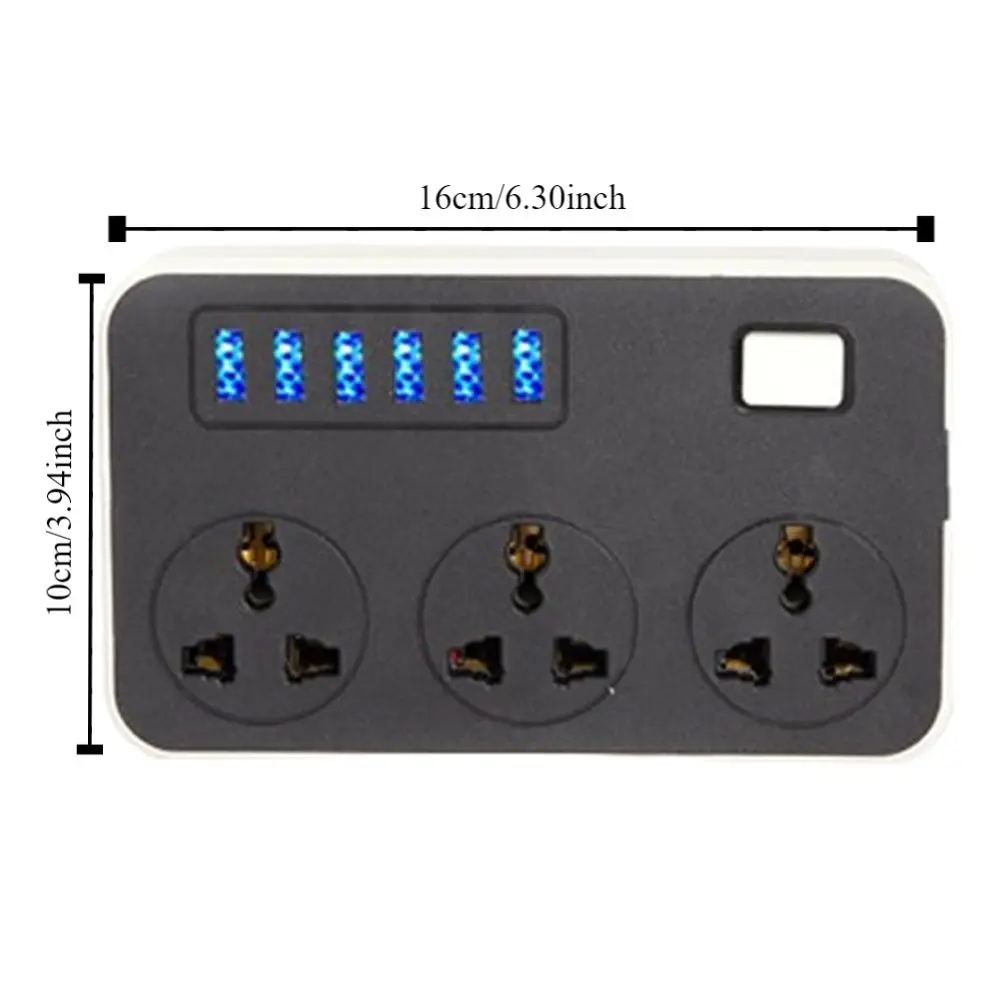 UK EU US Outlet Power Strip 2m Extension Cord 3-Outlets Surge-Protected Power Strip Power Button Safe Independent Switch