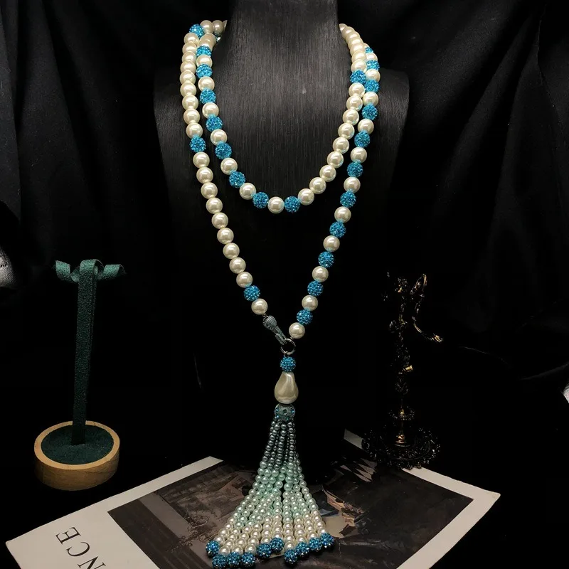 

Guochaofeng Necklace Earrings New Trendy Gradual Change Color Glazed Pearl Fringed Pendant Sweater Chain Earrings Copper Gold-pl