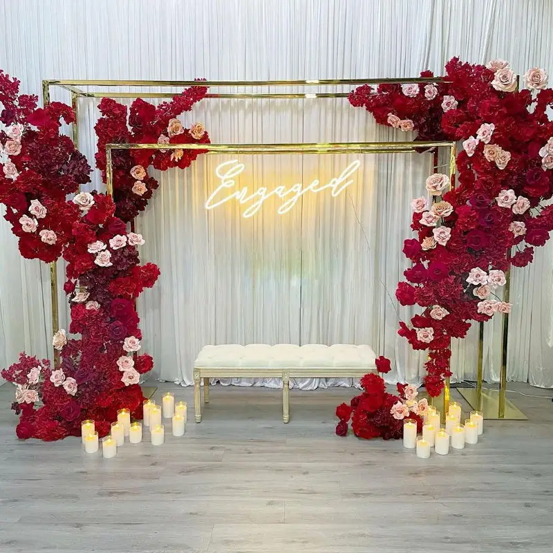 Large Flower Arch with Dessert Snack Table, Welcome Sign Stand, Shiny Gold Furniture Props, Wedding Hall Party Decoration, 3Pcs