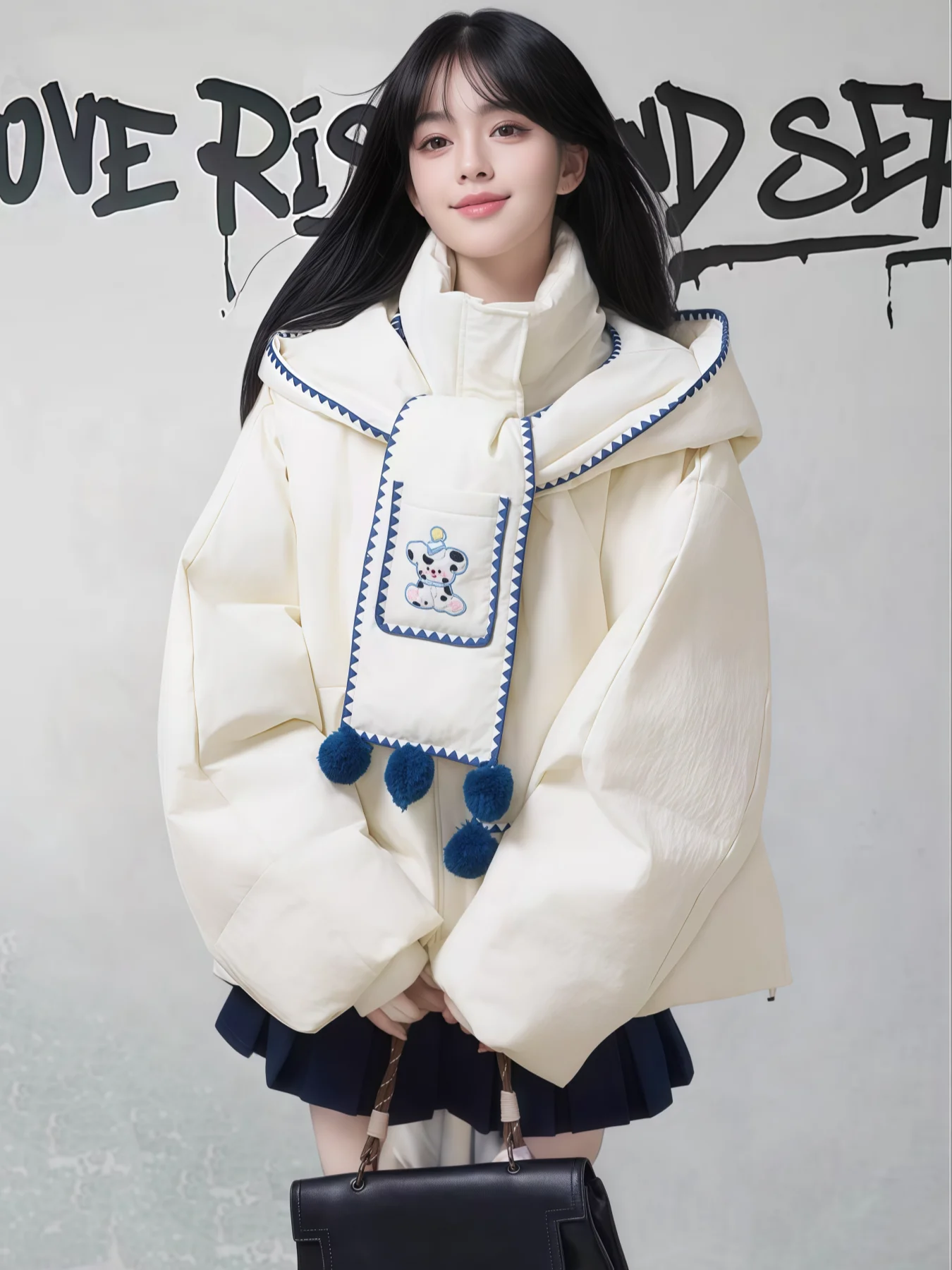 وشاح قابل للفصل سترات بيضاء بقلنسوة من القطن سترات باركاس للنساء شتوية حلوة على طراز بريبي بياقة واقفة معاطف قصيرة دافئة سميكة