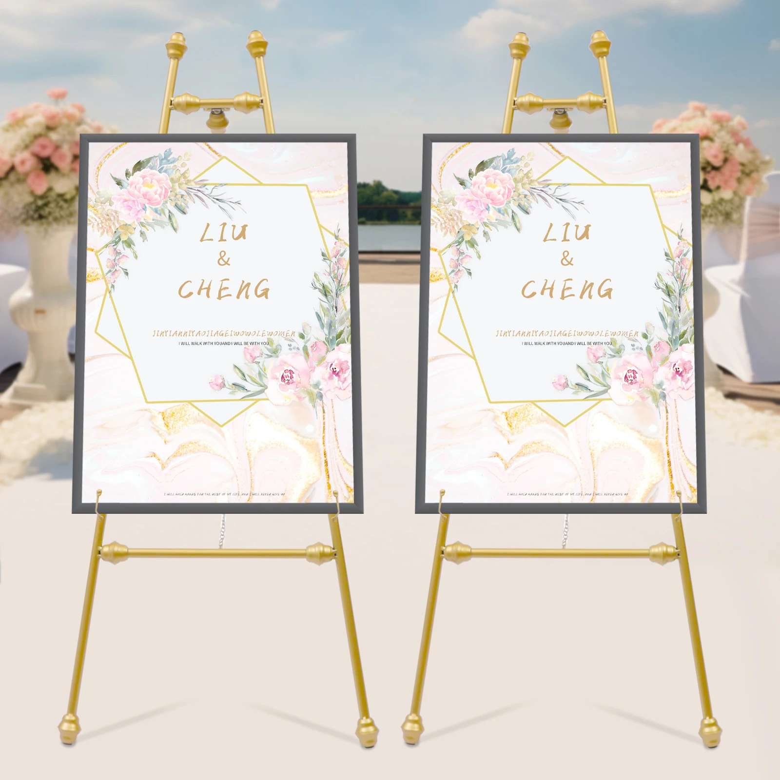 Set of 2 Portable Floor Mount Easel Stand Wedding Party Shops Display Rack Drawing Poster Golden Stand For Wedding Celebrations