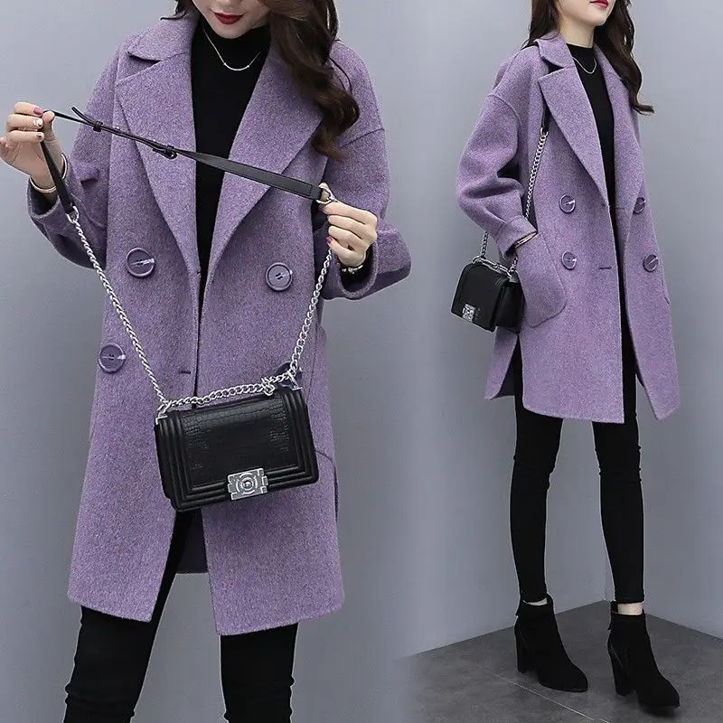 Real Price Coat for Women 2024 Autumn/Winter New Mid-Length Lantern Sleeve Petite Purple Woolen Jacket Female Office Lady Top