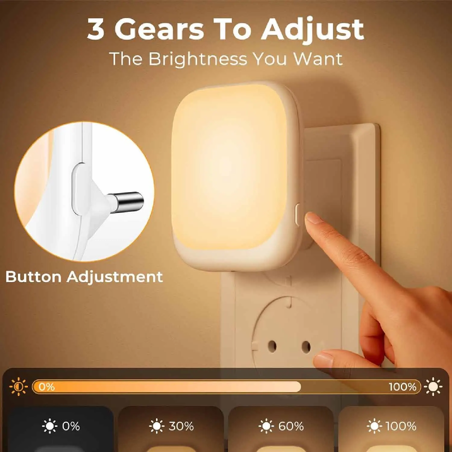 Night Light Socket with Twilight Sensor, Pack of 2 Children's Night Light with 3 Brightness Dimmable for Bedroom, Hallway, Kitch