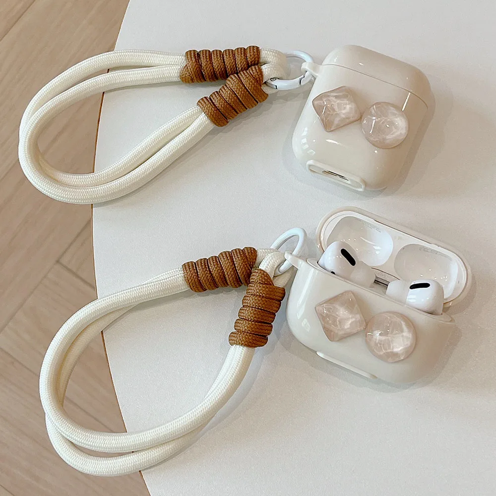 Beige Stone Decorate Case with Lanyard Hand Rope For AirPod 1 2 3 Pro2 Earphone funda For AirPods Pro 2 Soft Protective Cases