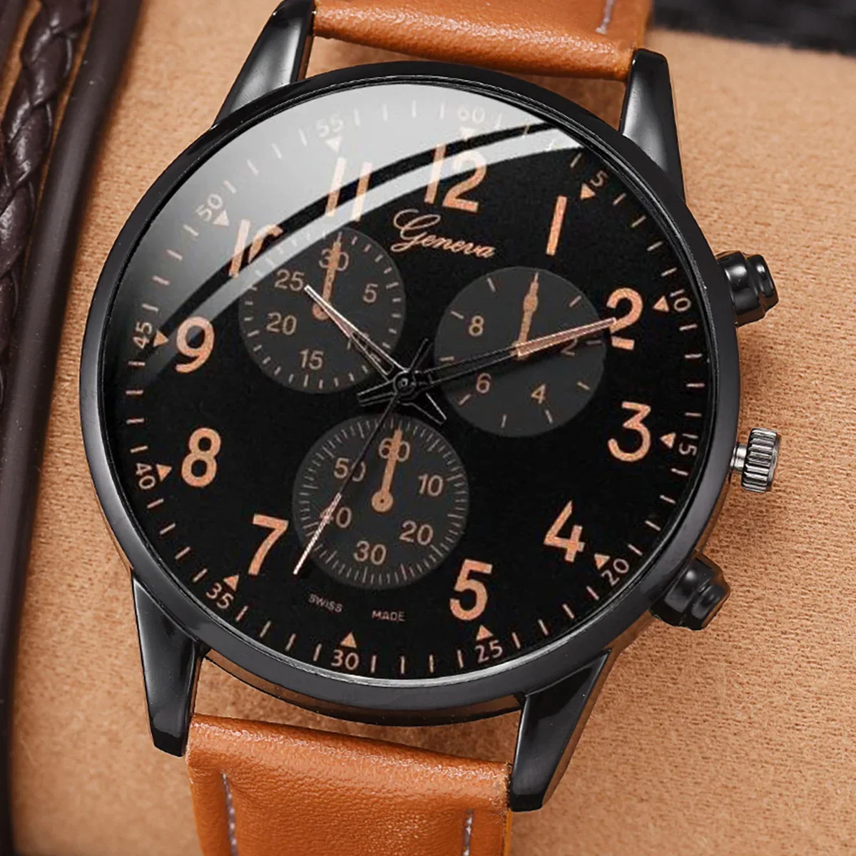 4Pcs/set Men's fashion Trend Brown PU leather quartz watch and bracelet set