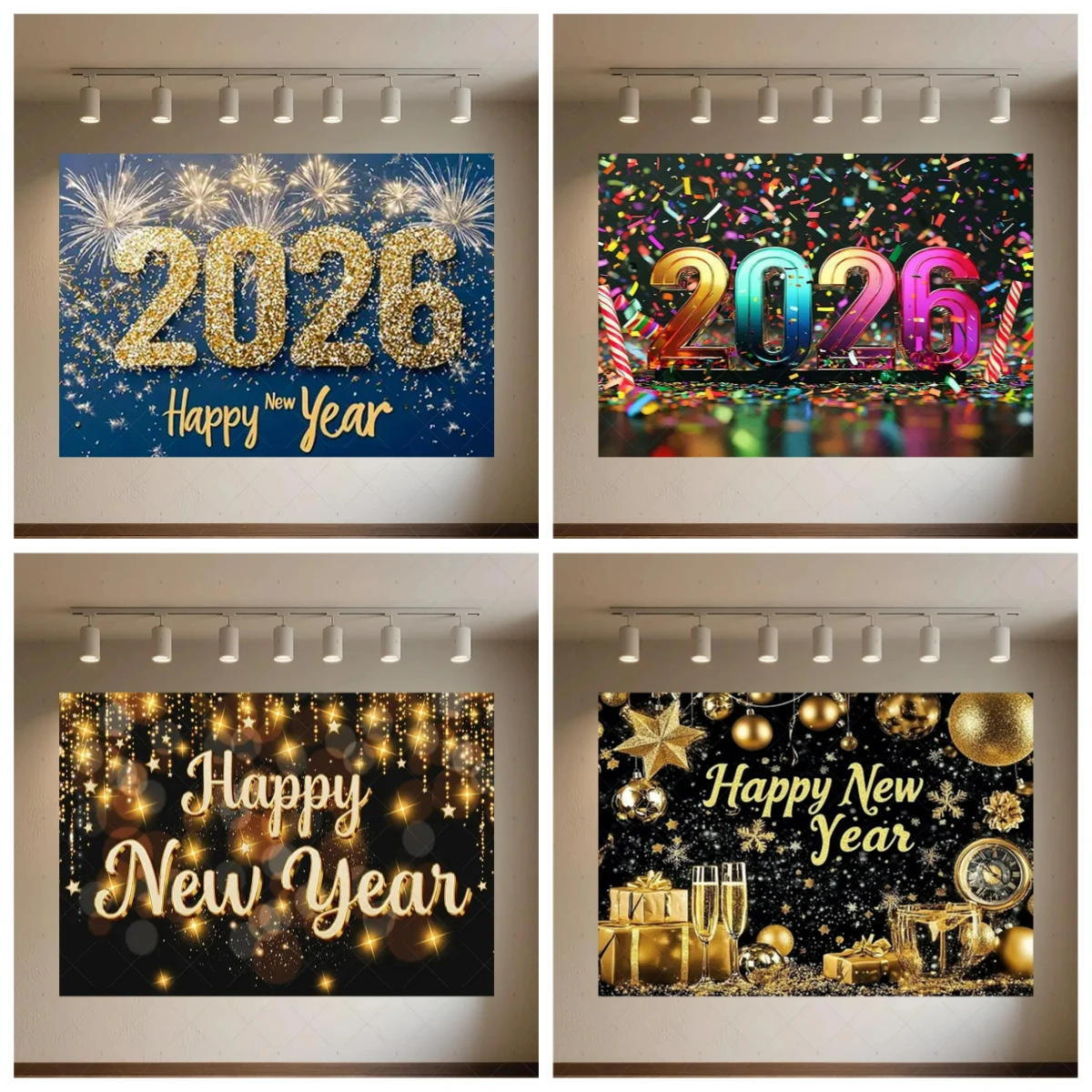 

2026 Happy New Year Theme Party Decoration Firework Shiny New Year Background Prop Golden Balloon Photography Backdrop Supplies