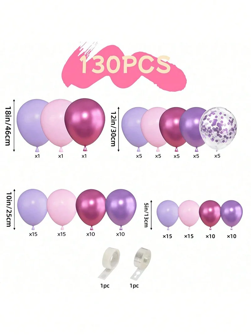 130 Stück wunderschöner rosa lila Ballonbogen – metallische magentafarbene Latexballons, Girlandendekoration für Brautpartys, Jahrestag, Party – Detail 1