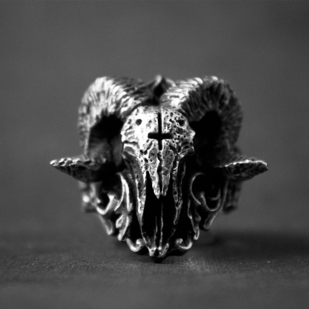 Retro Gothic Cross Demon Skull Sheep Head Open Adjustable Ring Men's Punk Religious Alternative Jewelry