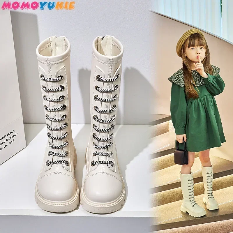 Children Girls Purity Lace Up Long Boots 2023 Autumn Winter Korean Edition New Versatile High Microfiber Princess Cotton Boots