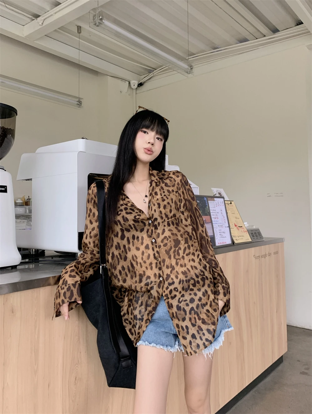 Vintage Hotsweet Leopard Chiffon Women Shirt Button Up Single Breasted Long Sleeve Autumn Tops 2000s Y2k Shirts Blouses Tops