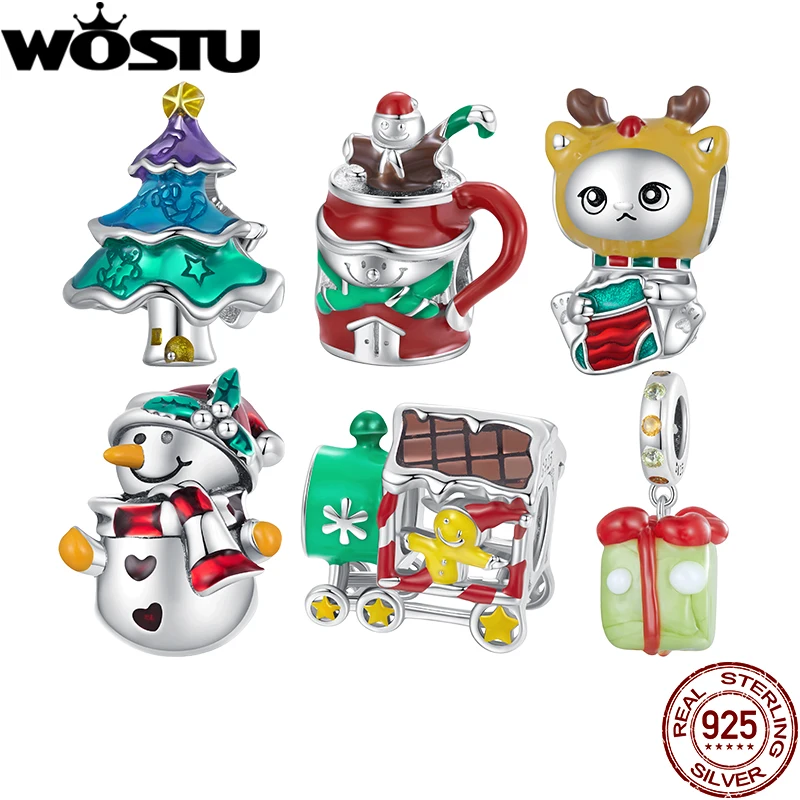 WOSTU 925 Sterling Silver 2022 New Christmas Tree Snowmen Charms Colorful Train Bead Fit  Women DIY Bracelet Necklace Xmas Gift