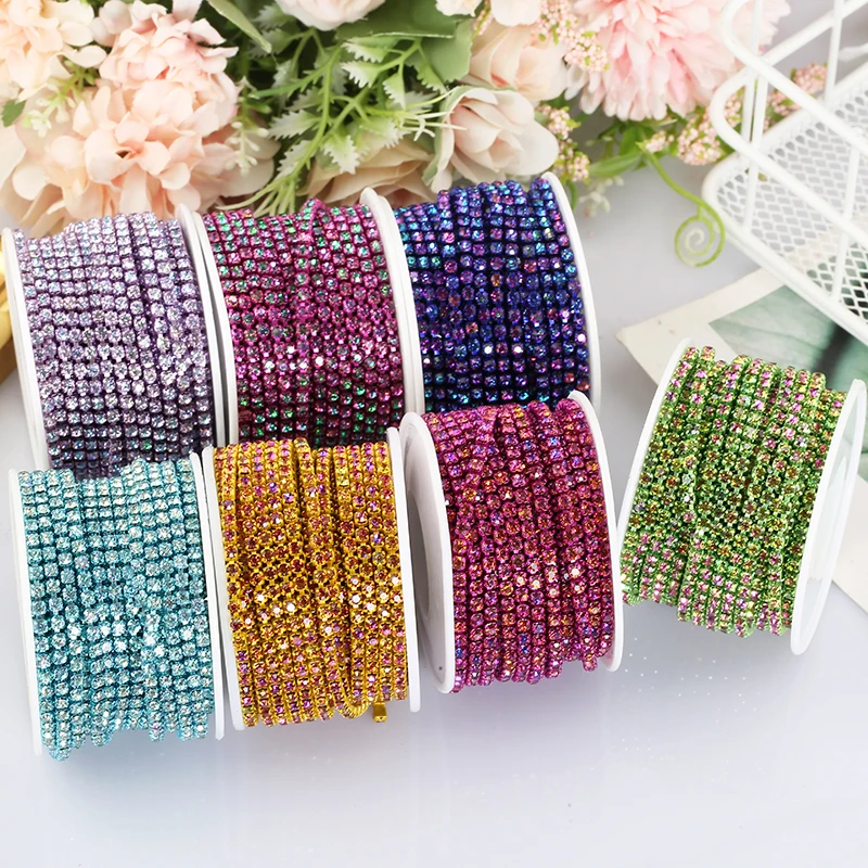 New Color!2mm/3mm Glass Magic Flame Rhinestone Trim Chain Colorful Crystal Diamond Chain Decorative Applique Trimming for Dress
