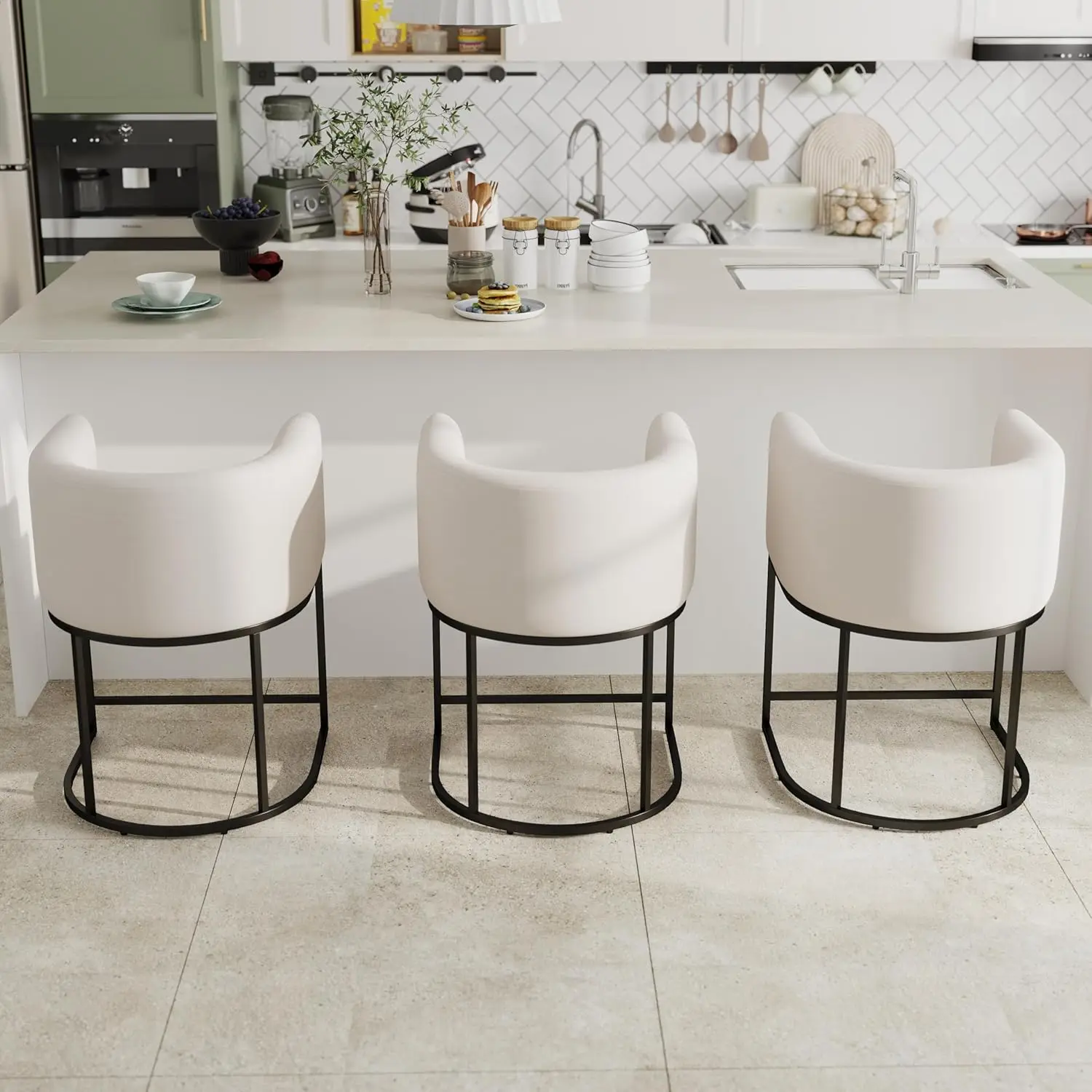 Modern Counter Height Linen Upholstered Bar Stools Set of 3 24