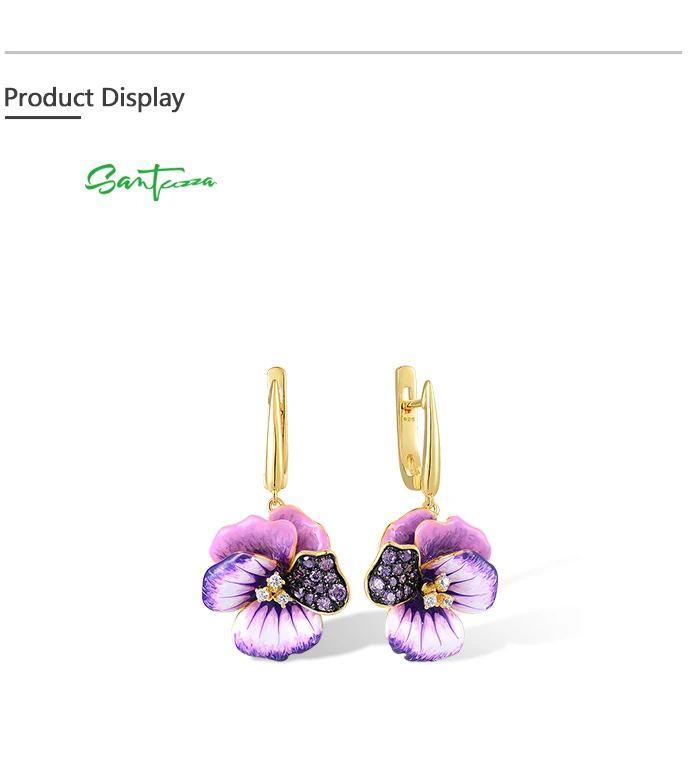 SANTUZZA Ohrringe aus reinem 925er Sterlingsilber für Damen, funkelnde rosa und violette Pfingstrosen-Emaille-Blumen, eleganter, edler Schmuck. – Detail 3