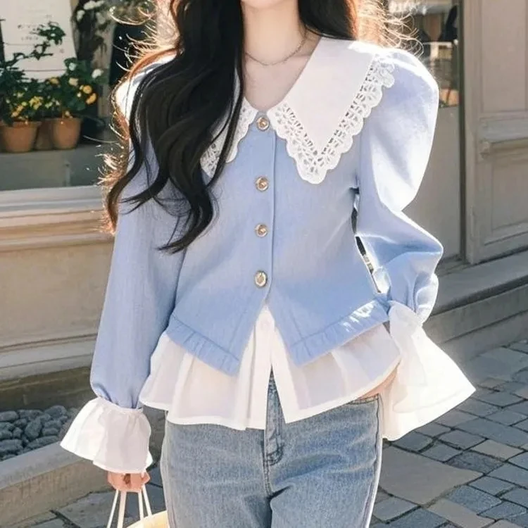 

Spring New Sle Unique Slimming Beautiful Design Faionable Waist-Cinching Patchwork Doll Collar Fake Two-Piece Top Women