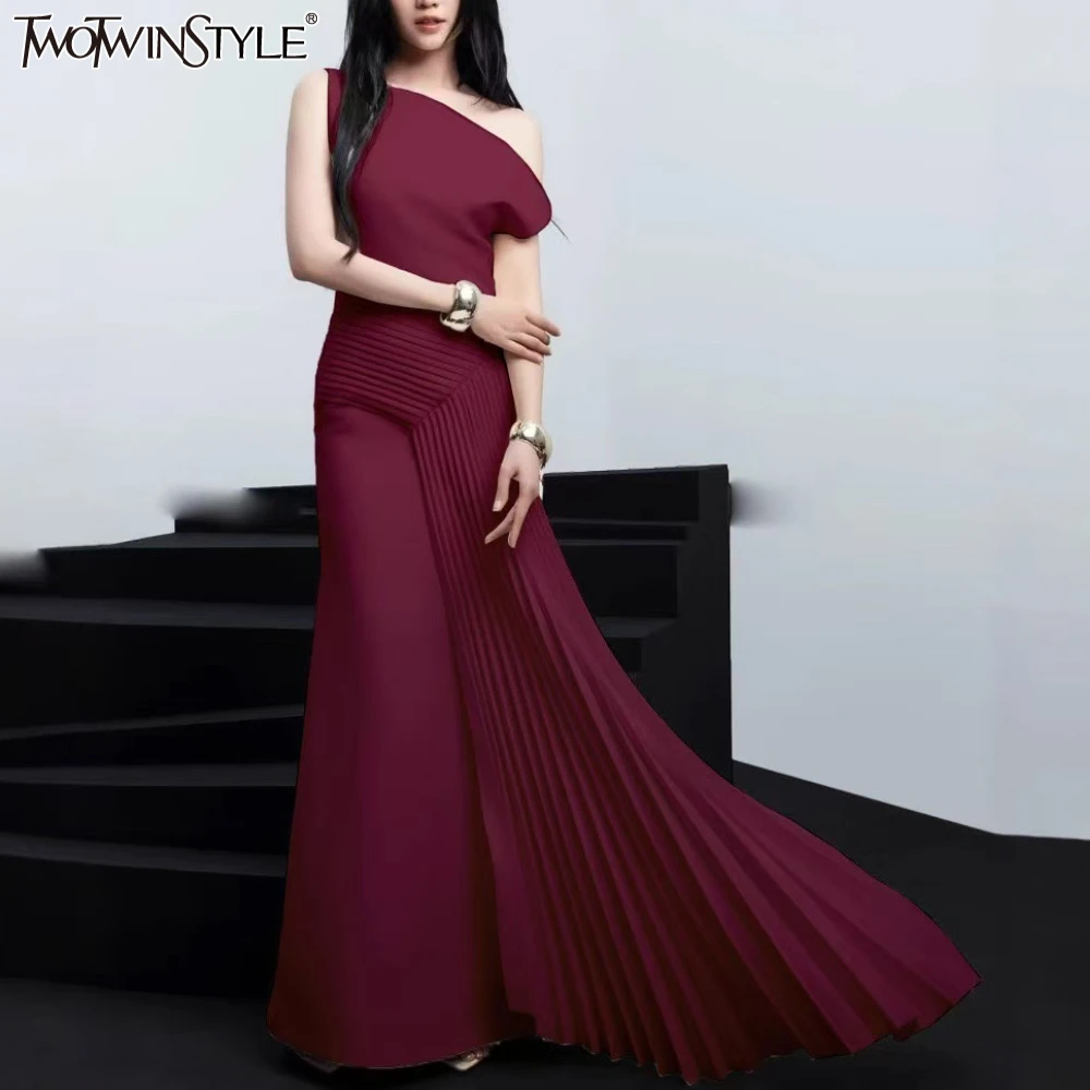 

TWOTWINSTYLE однотонные свободные темпераментные платья для женщин с диагональным вырезом и короткими рукавами в стиле пэчворк, элегантное женское платье нестандартной формы со складками