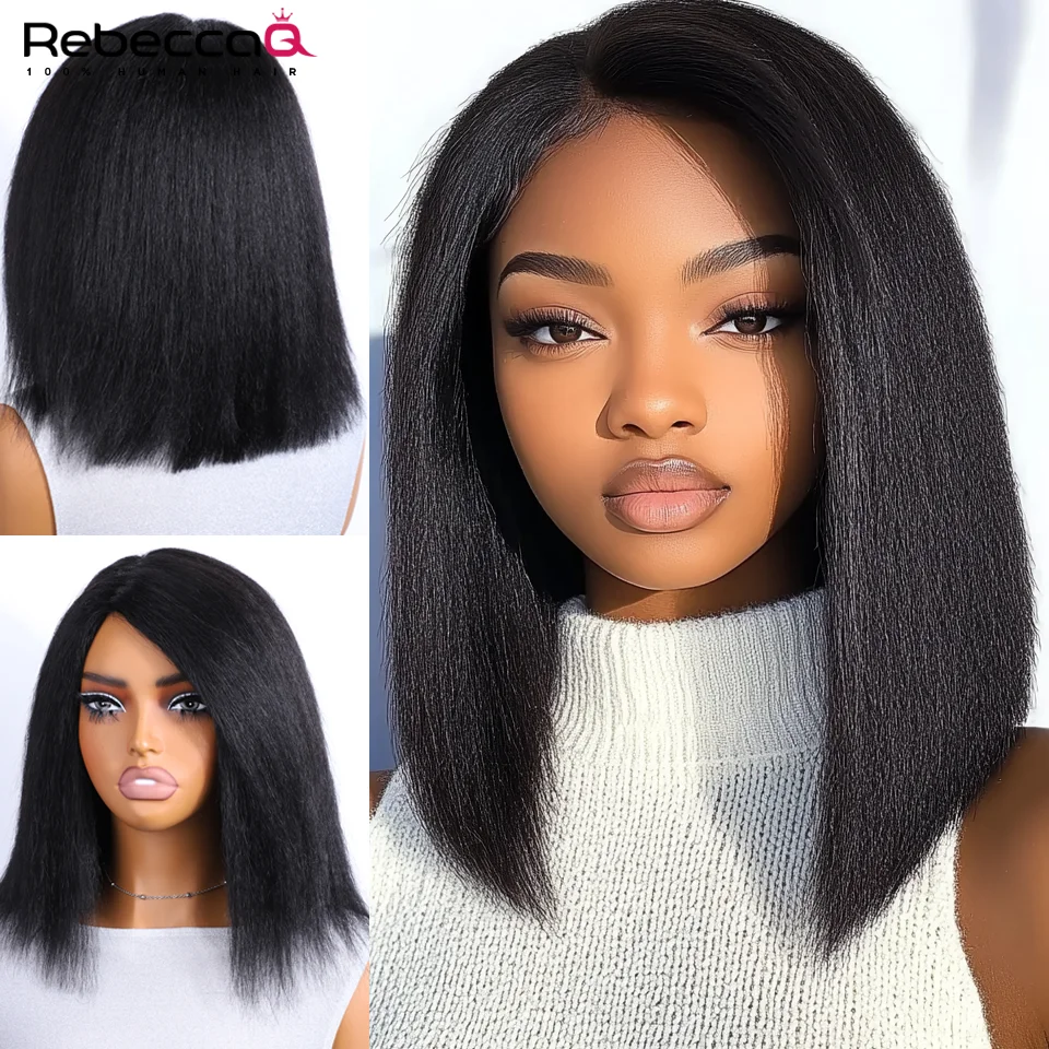 

Kinky Straight Human Hair Wigs Part Side Wear to go Glueless Wig 250 Density Remy Brazilian Yaki Straight Bob Wig Human Hair