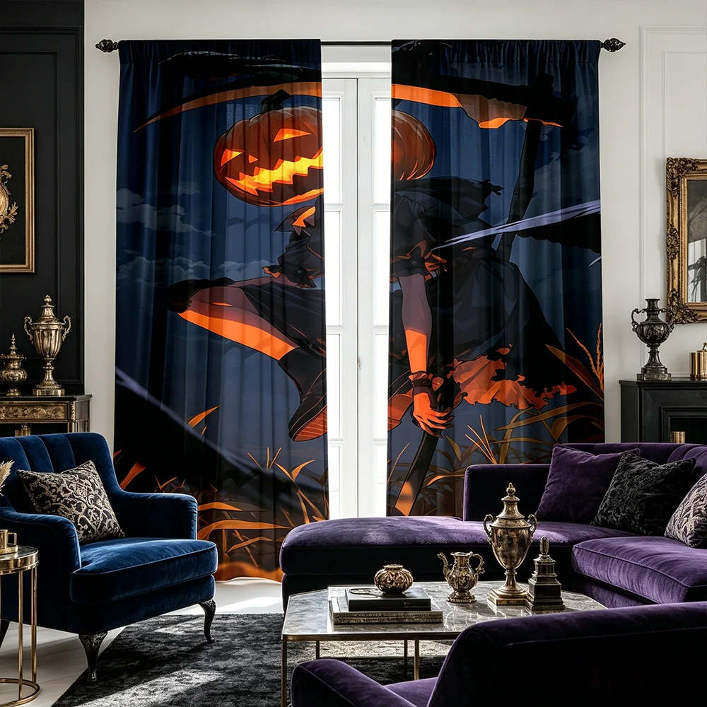 2PCS Halloween Themed Print Curtains Pumpkin Head Scythe Grim Reaper Crow Cornfield Dark Night Illustration Pattern Dark Anime S