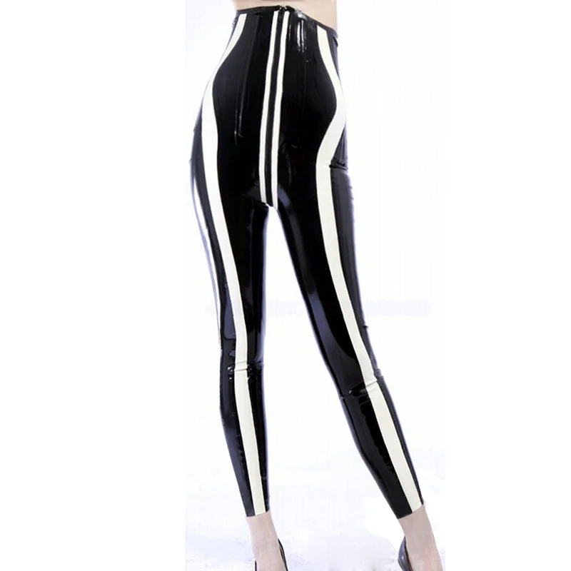 High Waist Black Anmd White Sexy Latex Leggings With Zippers Stripes Rubber Pants Jeans Trousers Bottoms CK-0104