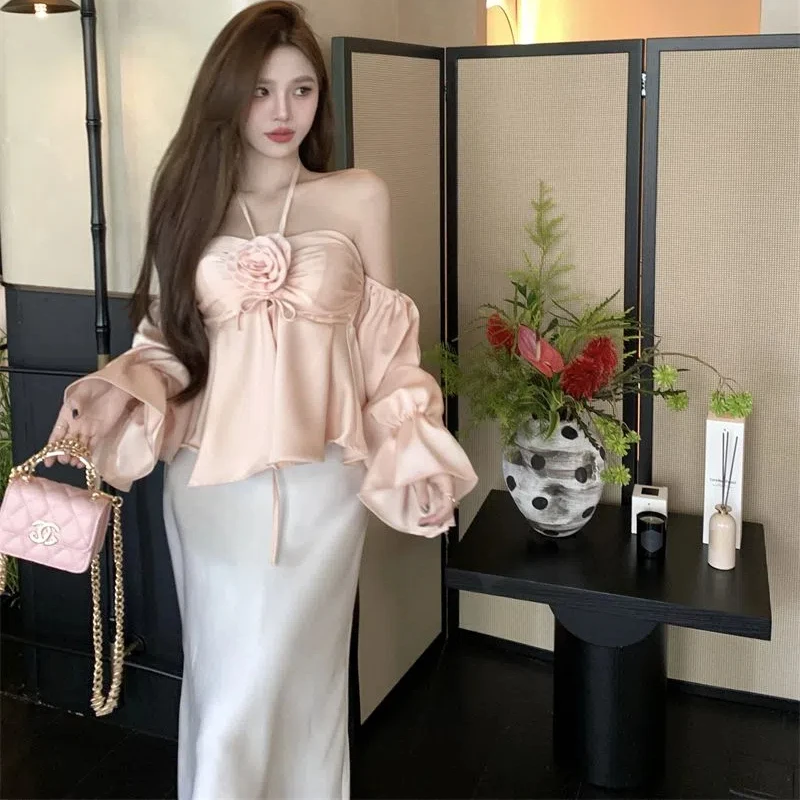 White Off Shoulder Sexy Blouse Summer Long Sleeve Solid Patchwork High Street Short Shirt Tops Fashion Temperament Women Clothes