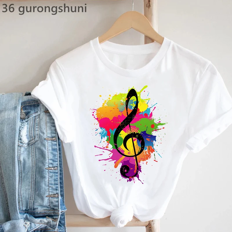 2022 Rainbow Music Note Print T-Shirt Women'S Clothing Funny White Tshirt Femme Music Lover T Shirt Female Harajuku Shirt Tops