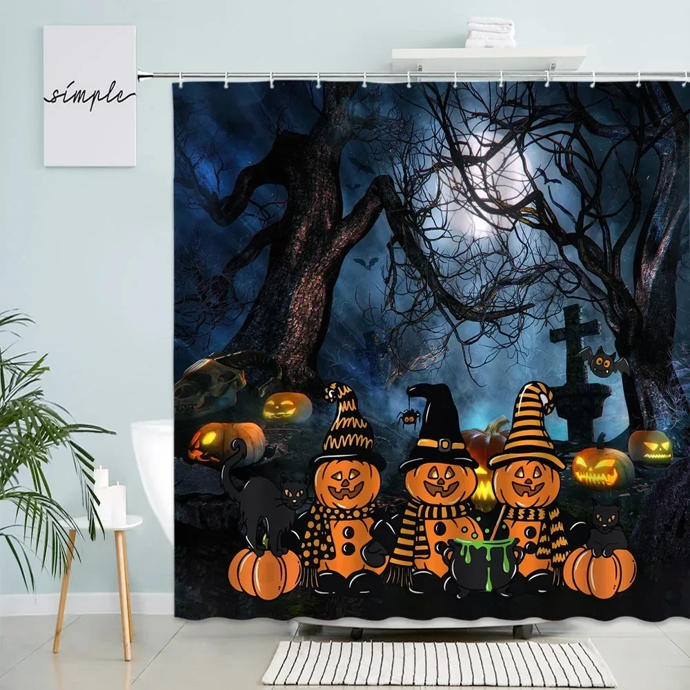 Scary Halloween Shower Curtain Pumpkin Lantern Forest Tombstone Dead Tree Bat Castle Night Landscape Bathroom Decor Curtains Set