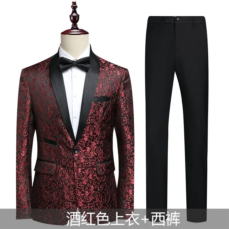 Men Blazers Spliced Single Button Suits Two Pieces Cardigan Long Sleeve Blazer Zipper Fly Ankle Length Pants Print Business