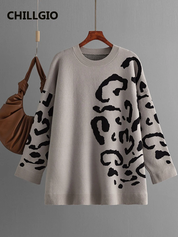 CHILLGIO Women Long Sleeve Top Leopard Print Midi Knitwear Crew Neck Sweater Fasion Street Chic Design Jacquard Pullover Jumper